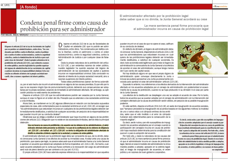 Condena penal firme como causa de prohibición para ser administrador