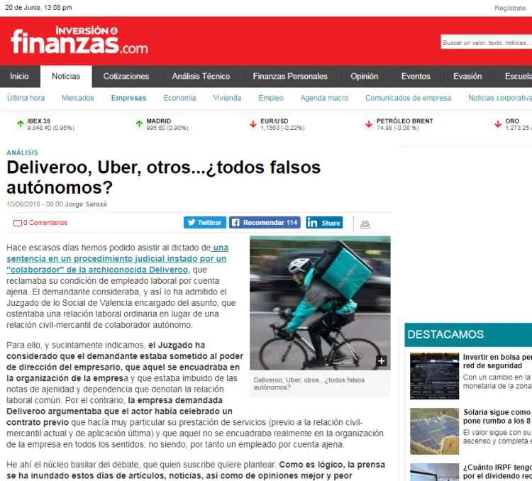 Deliveroo, Uber y otros… ¿Todos falsos autónomos?